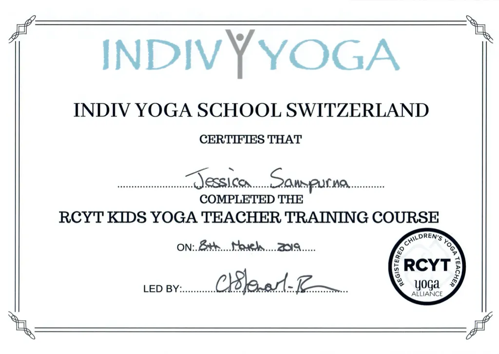 Jessica Sampurna - RCYT Kids Yoga Teacher Training Course certificate