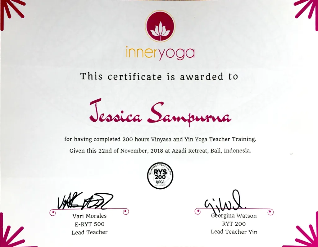 Jessica Sampurna - Vinyasa and Yin Yoga Teacher Training (200 hrs) certificate