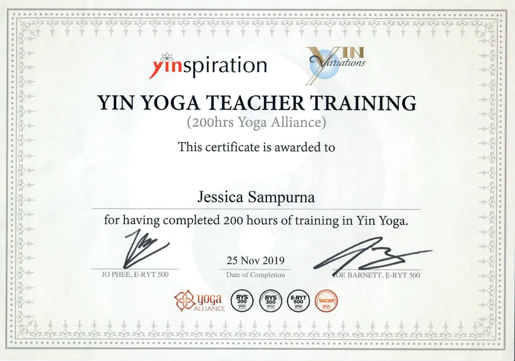 Jessica Sampurna - Yin Yoga Teacher Training (200 hrs) certificate