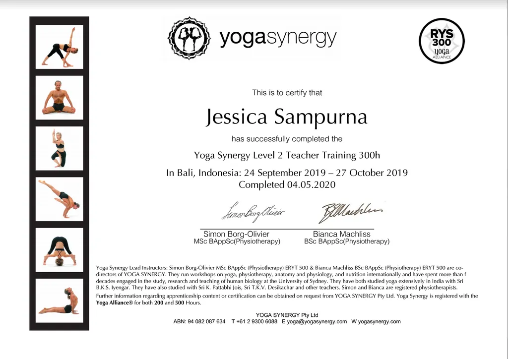 Jessica Sampurna - Yoga Synergy Level 2 Teacher Training (300 hrs) certificate
